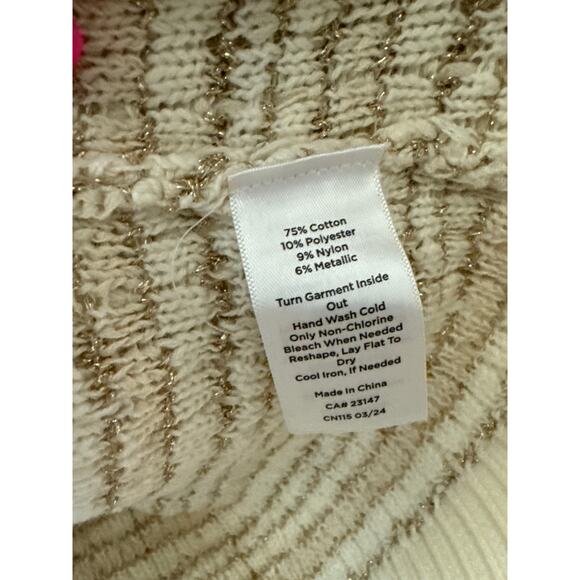 Talbots Short Sleeve Chain Trim Jacquard Cardigan Gold Ivory Size Small Petite - Picture 8 of 8